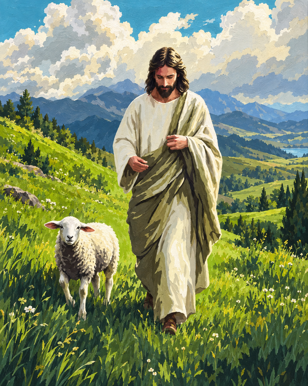 El Buen Pastor en la pradera — diseño del lienzo para pintar por números
