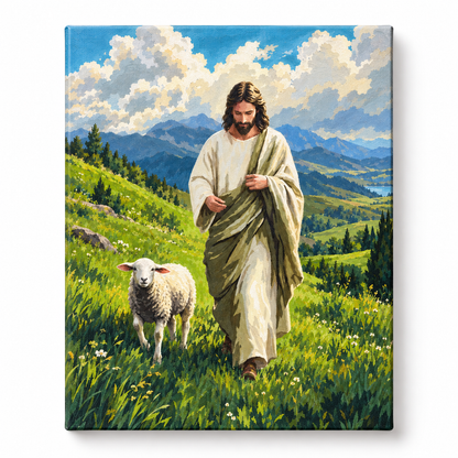 El Buen Pastor en la pradera — lienzo terminado