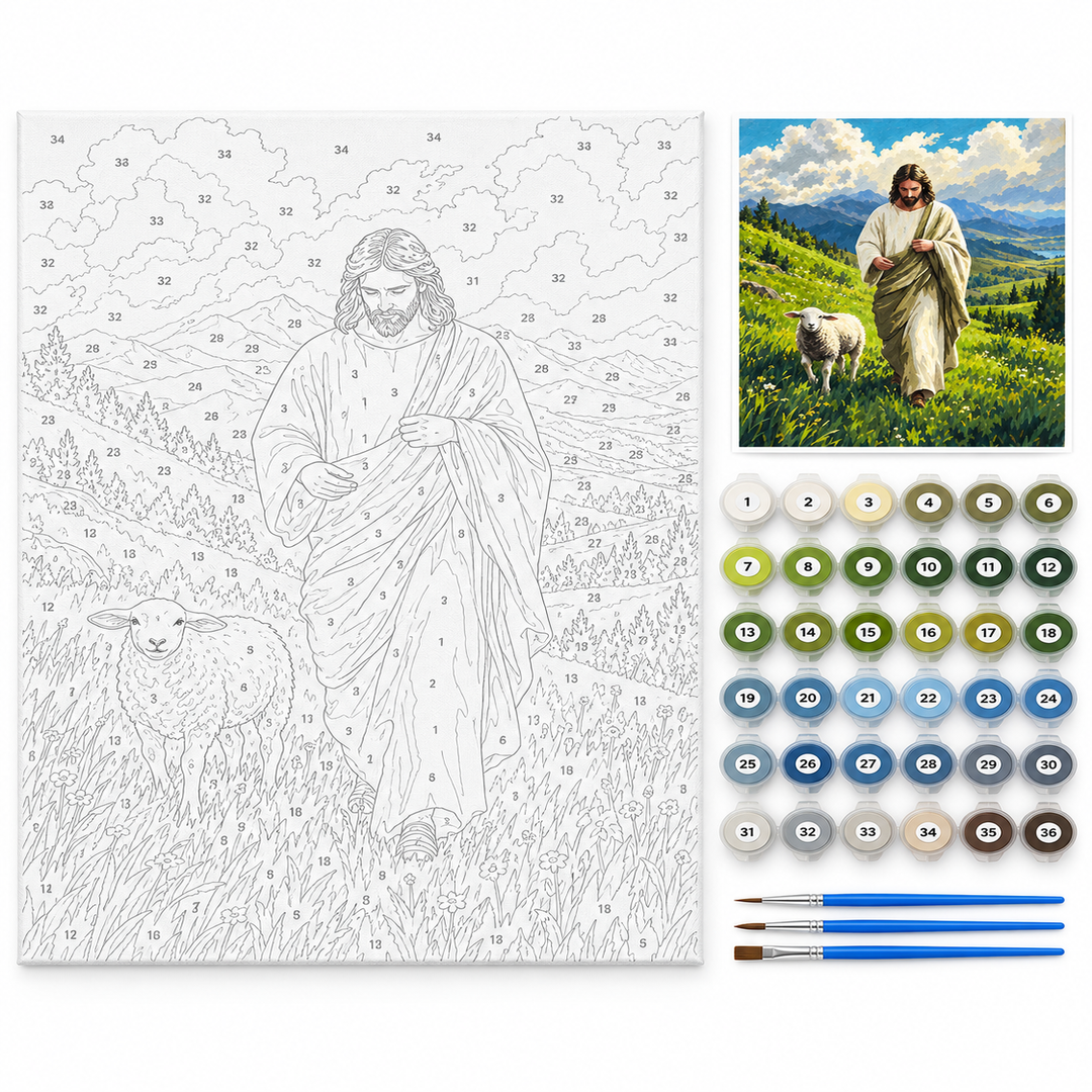 El Buen Pastor en la pradera — kit con lienzo numerado, pinturas y pinceles