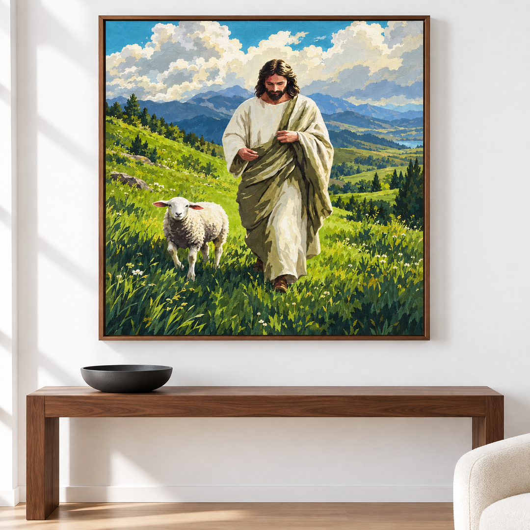 El Buen Pastor en la pradera — el cuadro terminado colgado en la pared