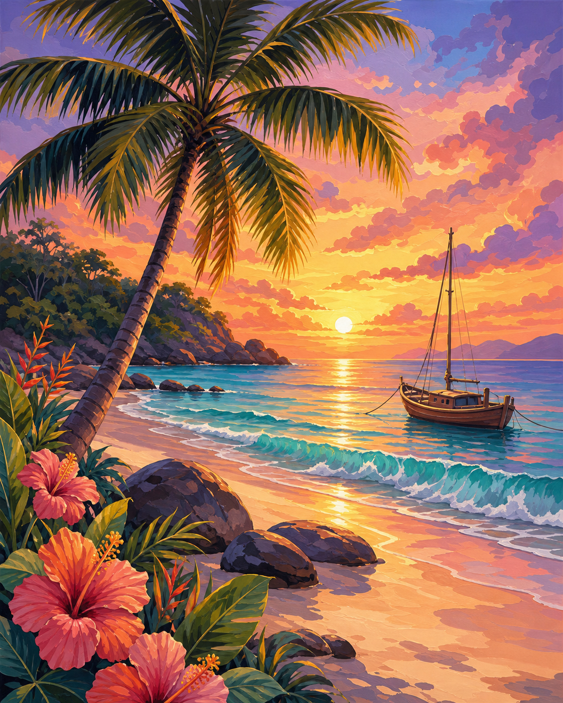 Playa tropical al atardecer - diseño maestro