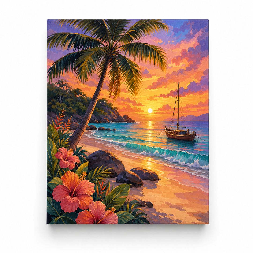 Playa tropical al atardecer - lienzo terminado