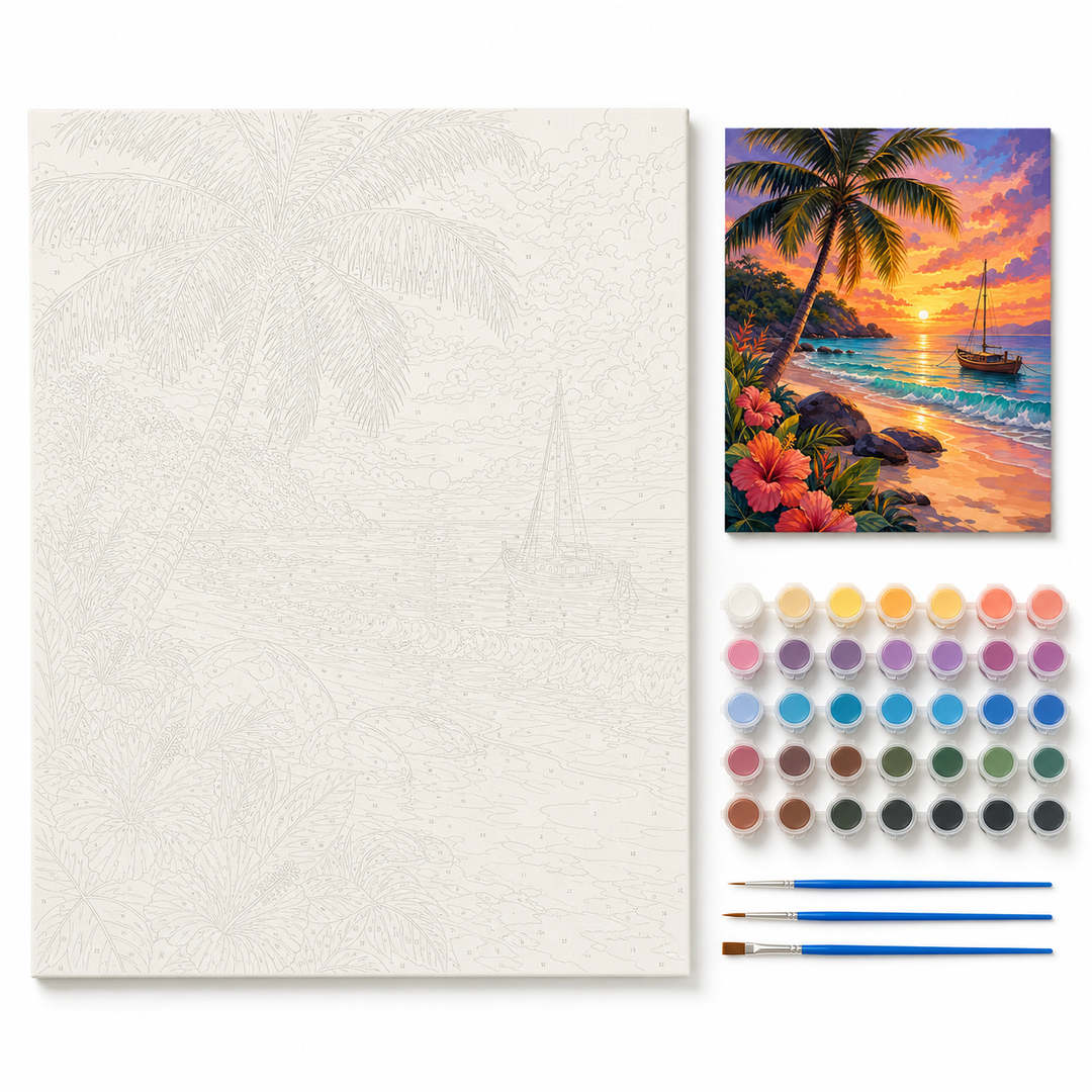 Playa tropical al atardecer - kit sin pintar