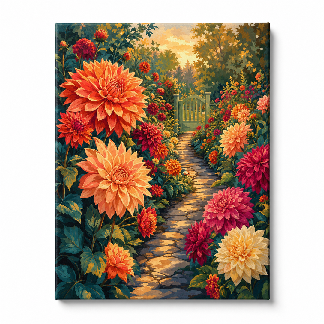Jardín de dalias - lienzo terminado