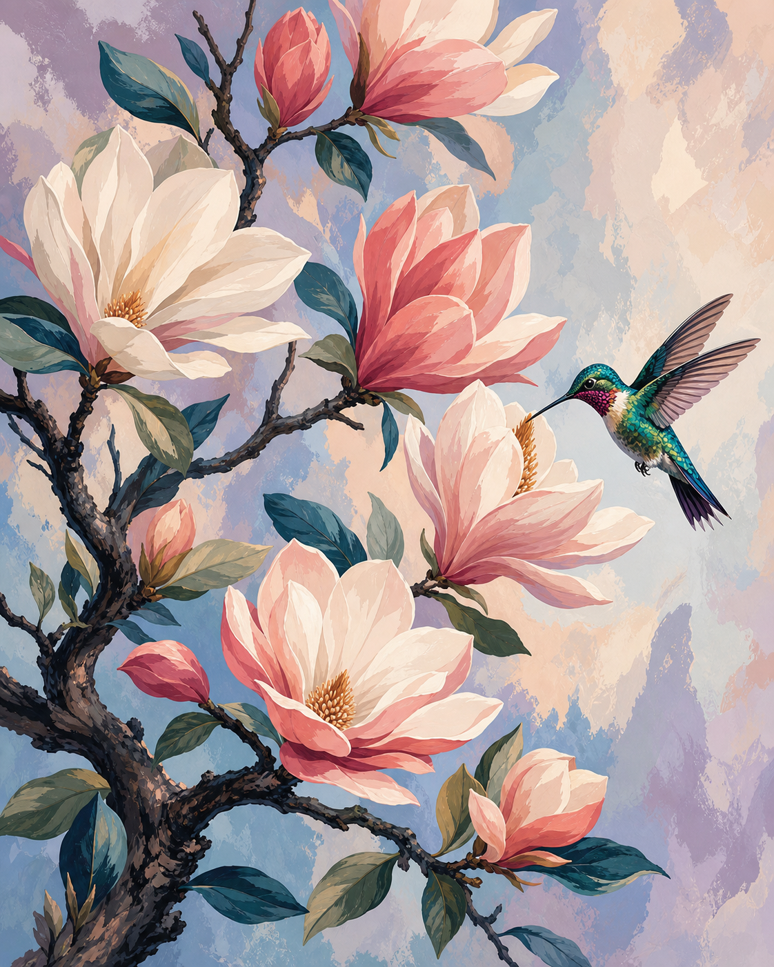 Magnolias y colibrí - diseño maestro