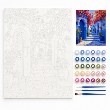 Calle azul con buganvillas - kit sin pintar