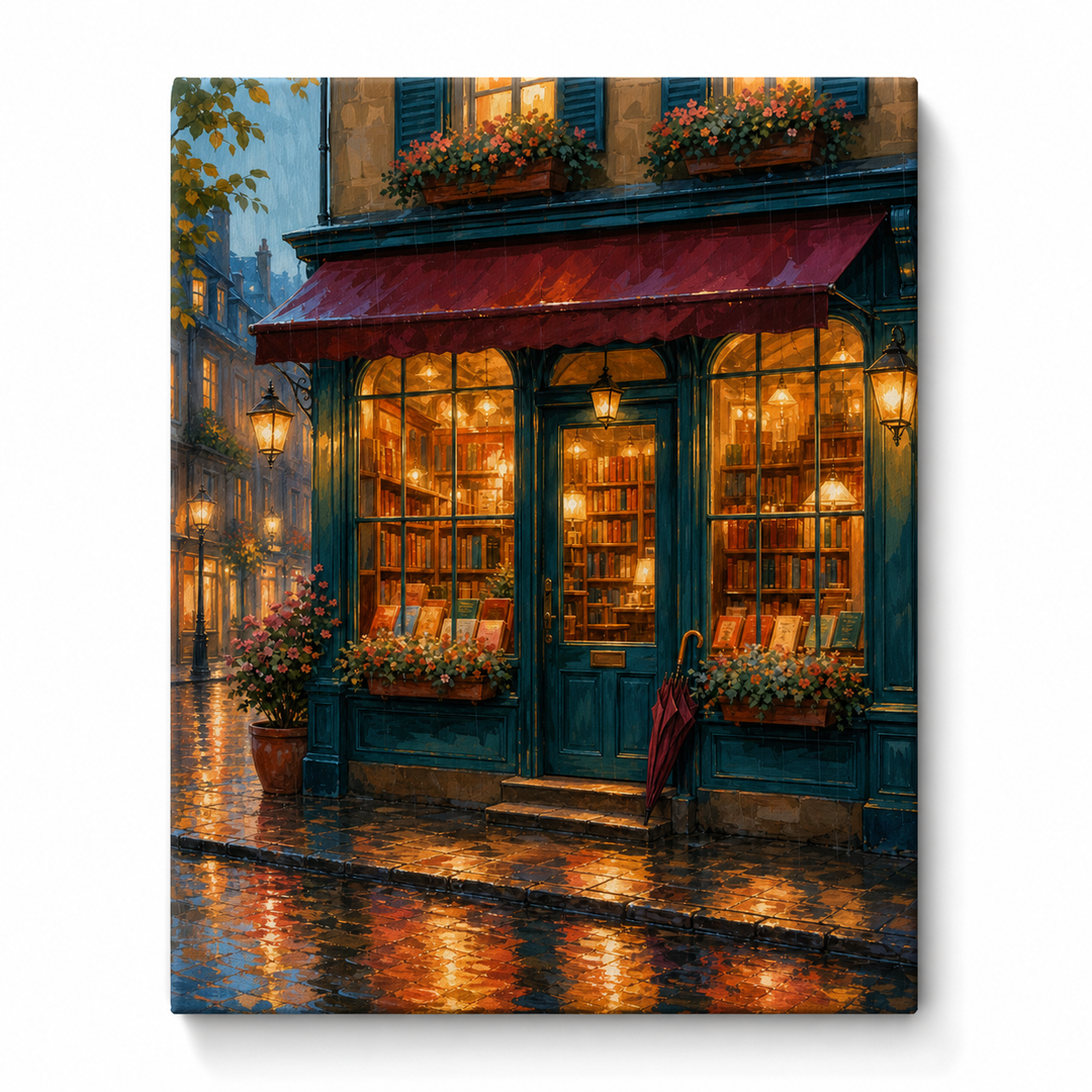 Librería bajo la lluvia - lienzo terminado