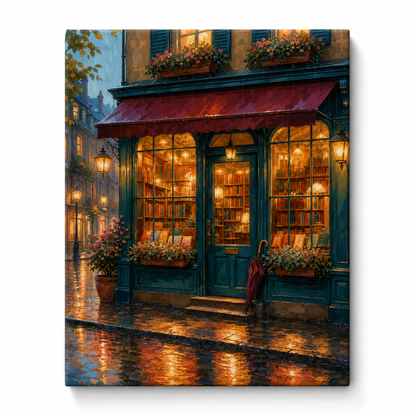 Librería bajo la lluvia - lienzo terminado