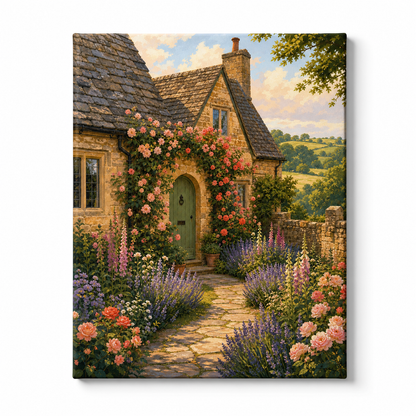Cabaña inglesa entre rosas - lienzo terminado
