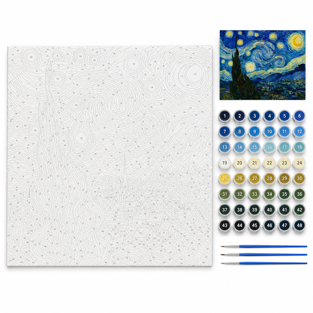 Noche estrellada — kit con lienzo numerado, pinturas y pinceles