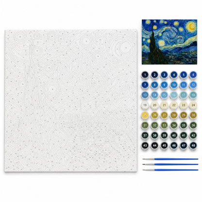 Noche estrellada — kit con lienzo numerado, pinturas y pinceles