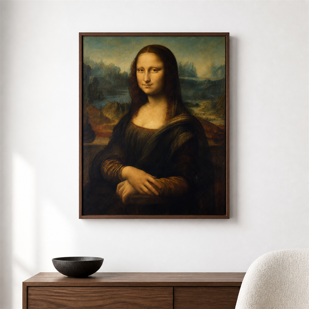 Mona Lisa — el cuadro terminado colgado en la pared