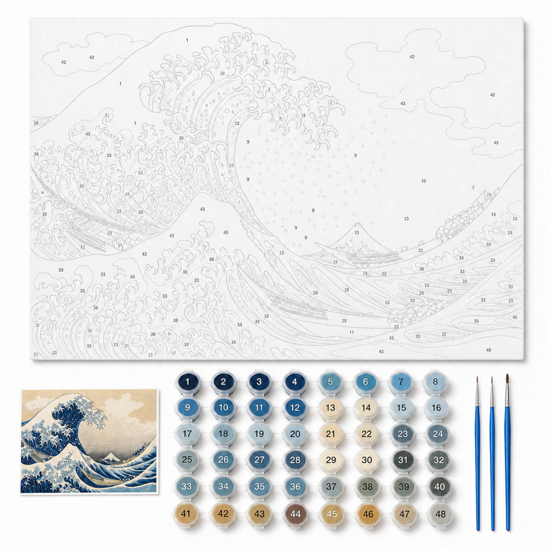 La gran ola — kit con lienzo numerado, pinturas y pinceles