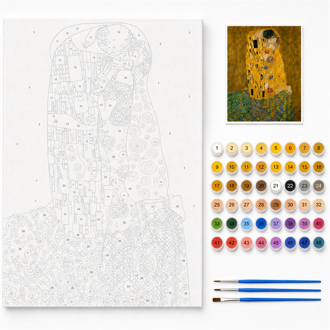 El beso de Klimt — kit con lienzo numerado, pinturas y pinceles
