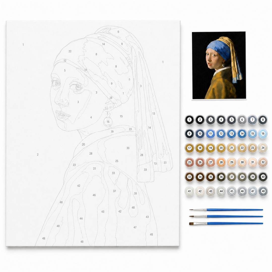 La joven de la perla — kit con lienzo numerado, pinturas y pinceles