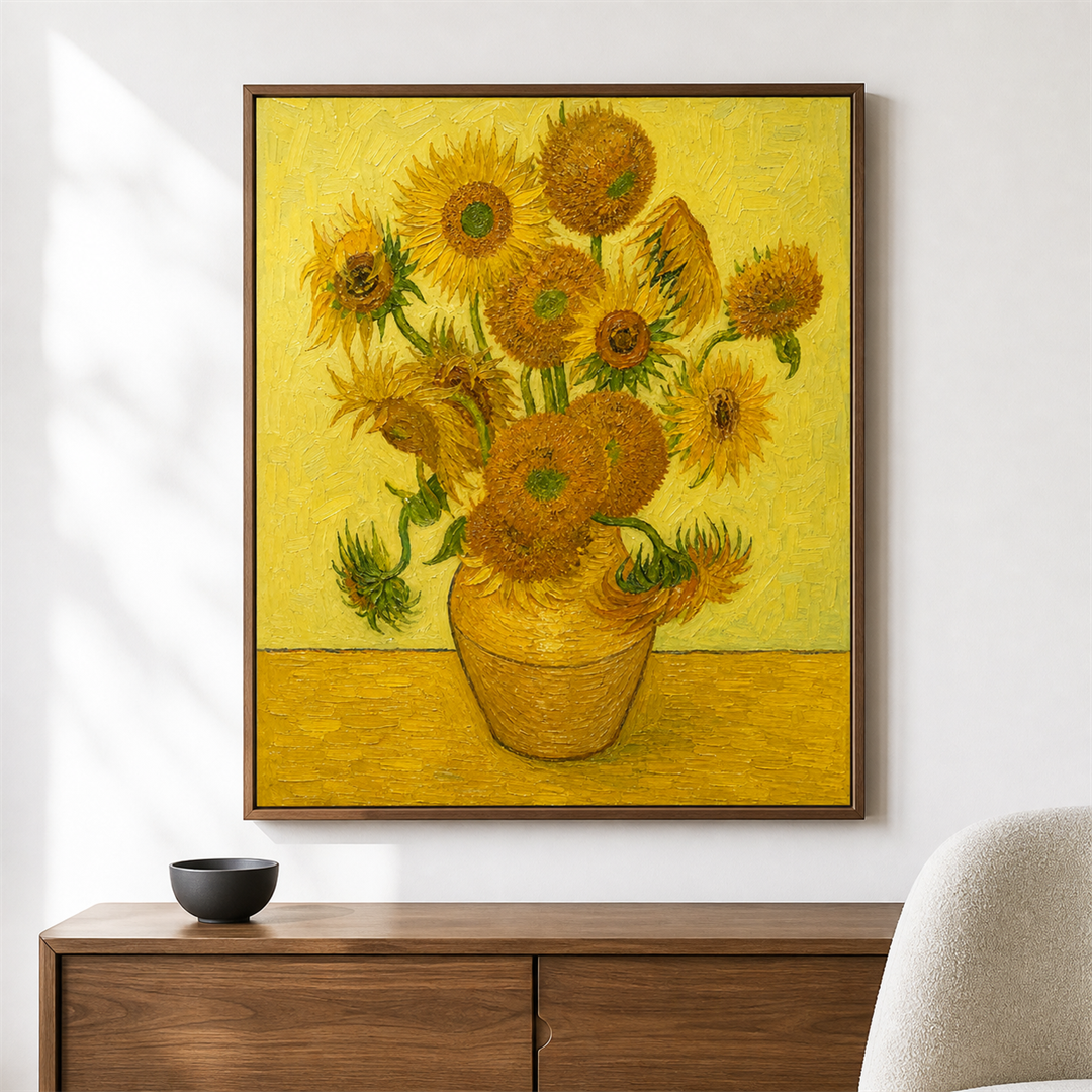 Girasoles de Van Gogh — el cuadro terminado colgado en la pared