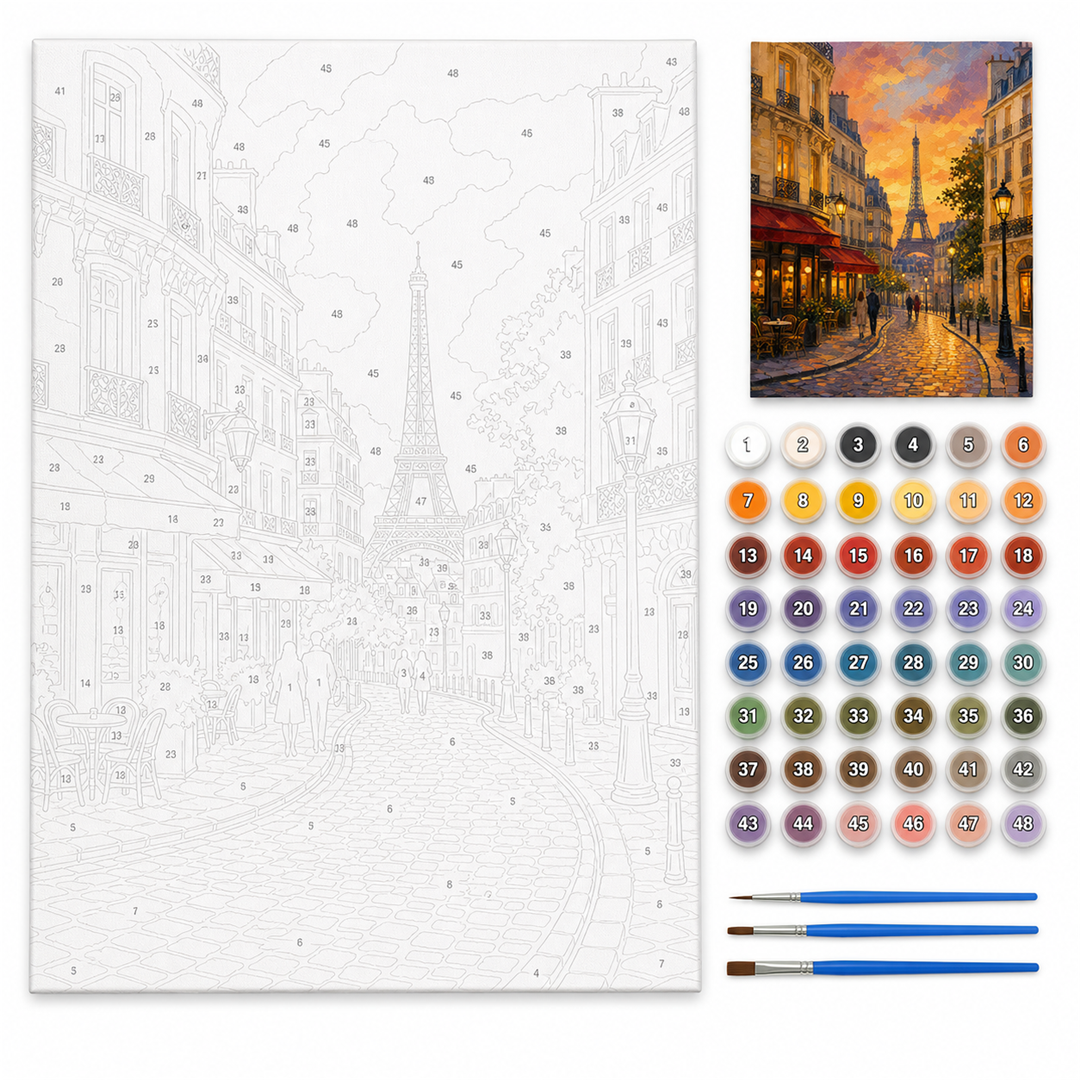 París al atardecer — kit con lienzo numerado, pinturas y pinceles