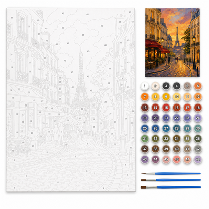 París al atardecer — kit con lienzo numerado, pinturas y pinceles