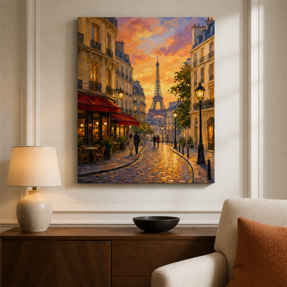 París al atardecer — el cuadro terminado colgado en la pared