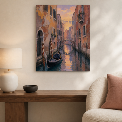Canales de Venecia — el cuadro terminado colgado en la pared