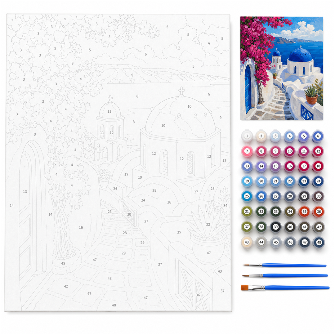 Azul de Santorini — kit con lienzo numerado, pinturas y pinceles