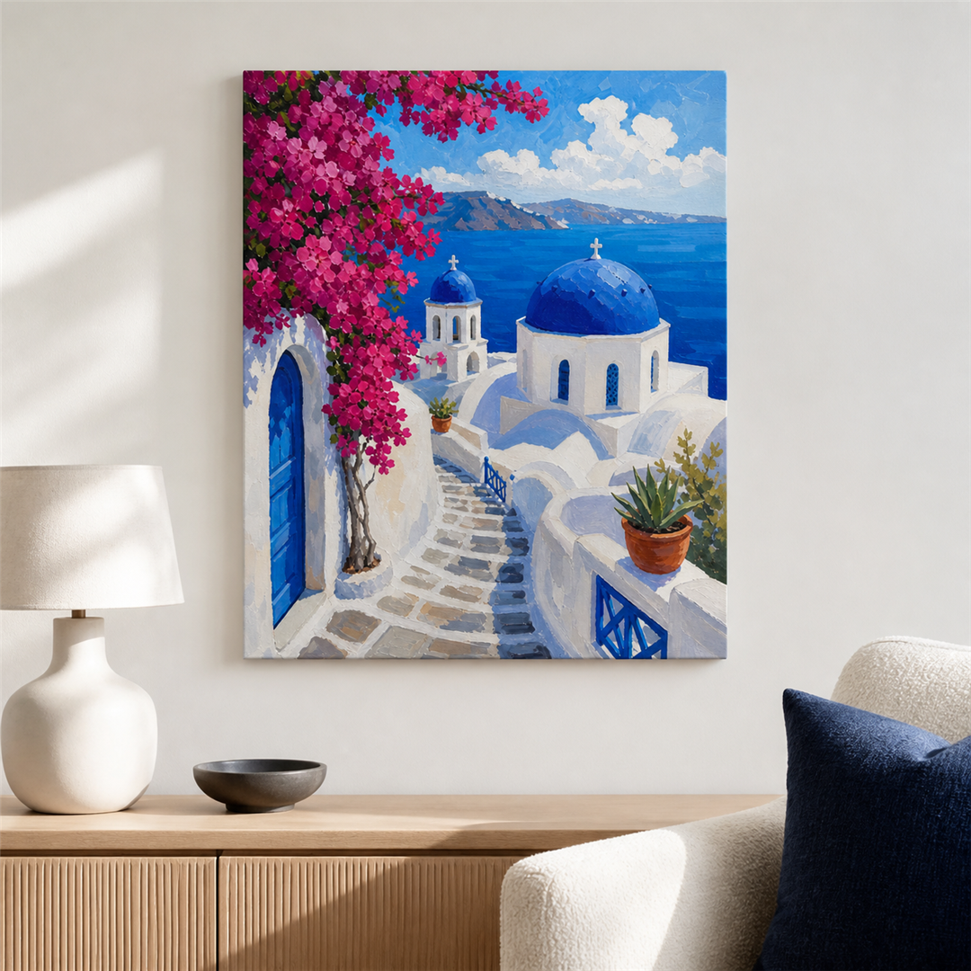 Azul de Santorini — el cuadro terminado colgado en la pared