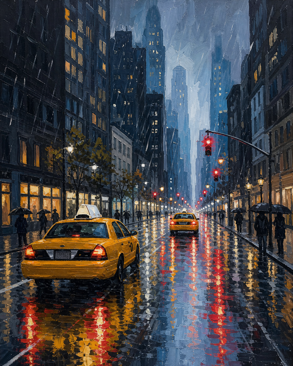 Nueva York bajo la lluvia — diseño del lienzo para pintar por números