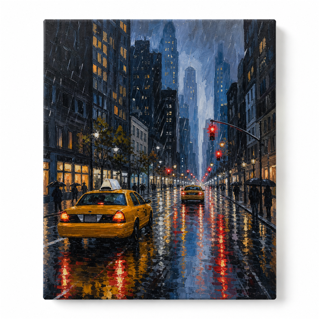 Nueva York bajo la lluvia — lienzo terminado