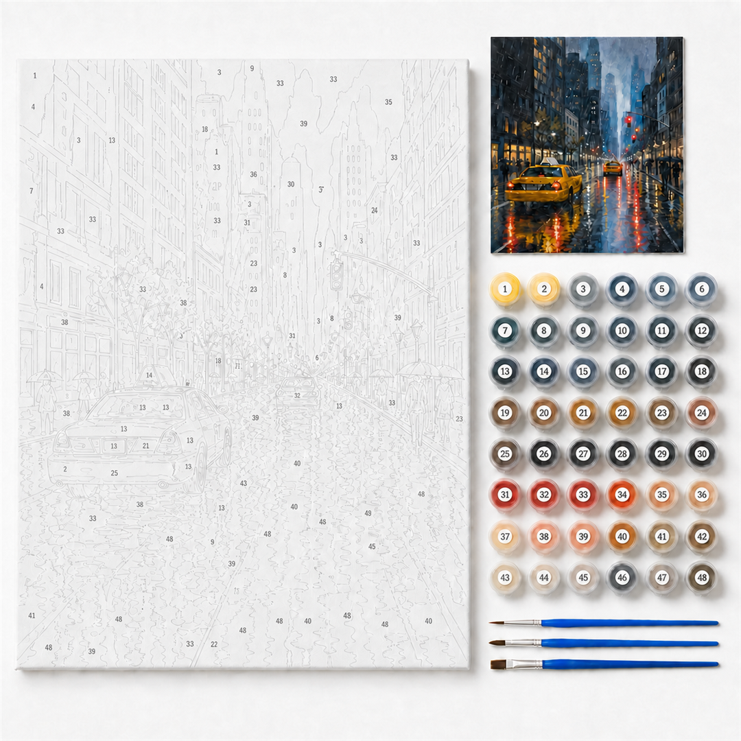 Nueva York bajo la lluvia — kit con lienzo numerado, pinturas y pinceles