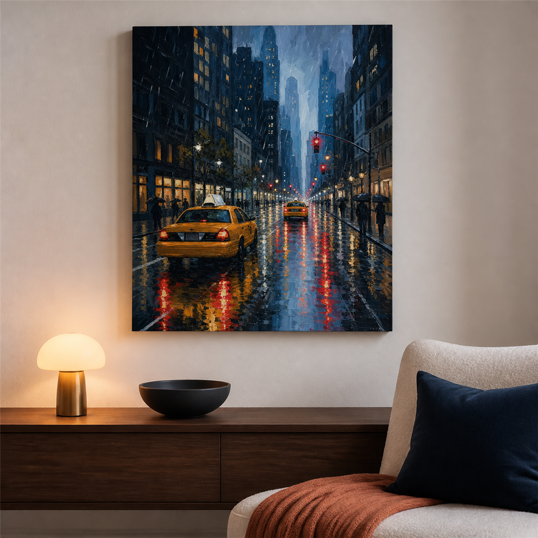 Nueva York bajo la lluvia — el cuadro terminado colgado en la pared