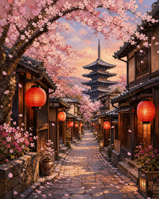 Kioto en primavera — diseño del lienzo para pintar por números