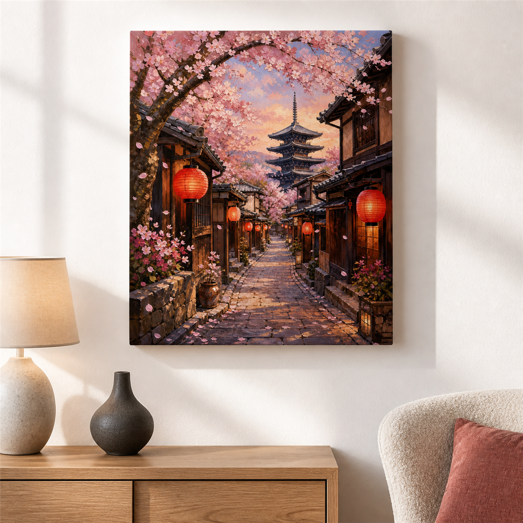 Kioto en primavera — el cuadro terminado colgado en la pared