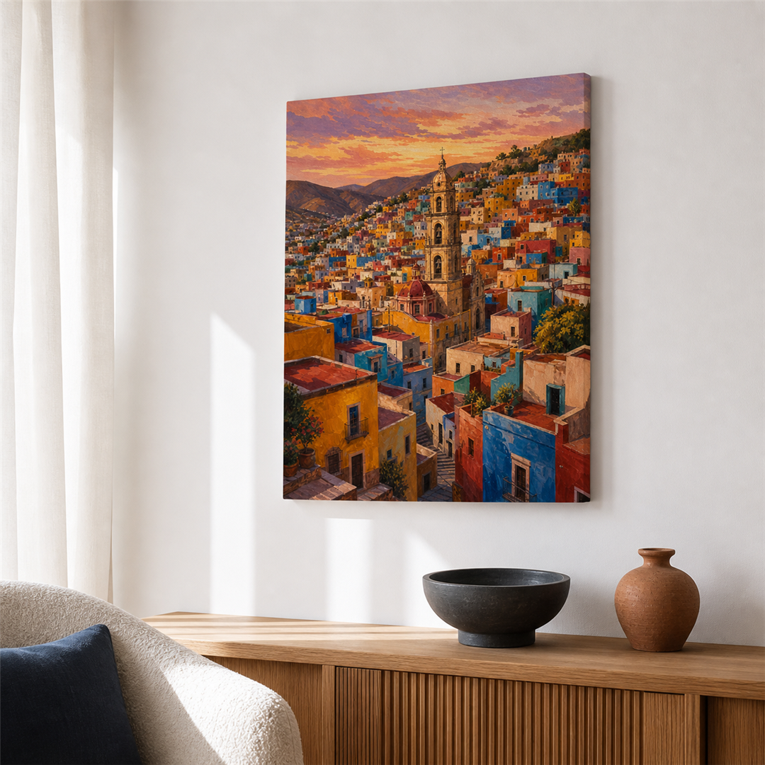 Guanajuato de colores — el cuadro terminado colgado en la pared
