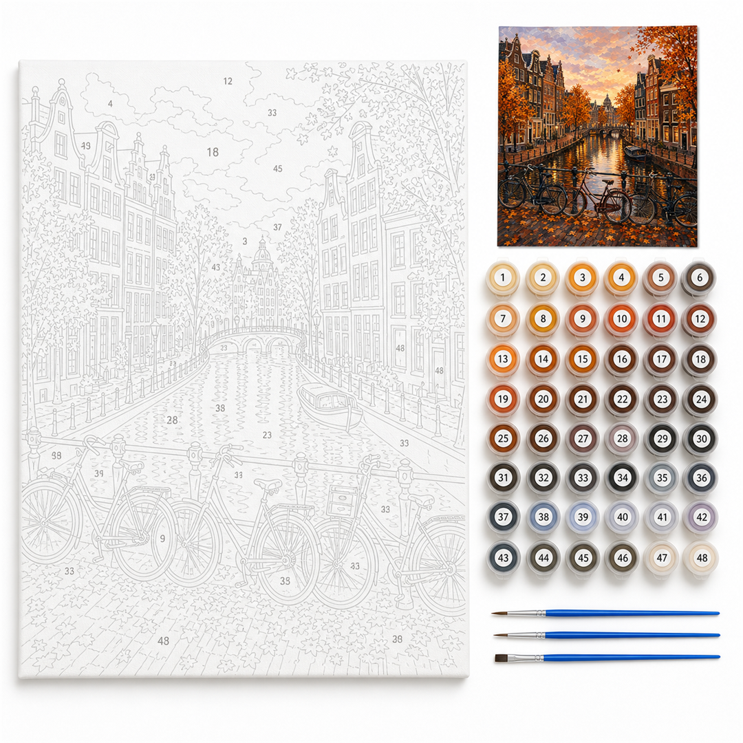 Ámsterdam en otoño — kit con lienzo numerado, pinturas y pinceles