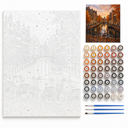 Ámsterdam en otoño — kit con lienzo numerado, pinturas y pinceles
