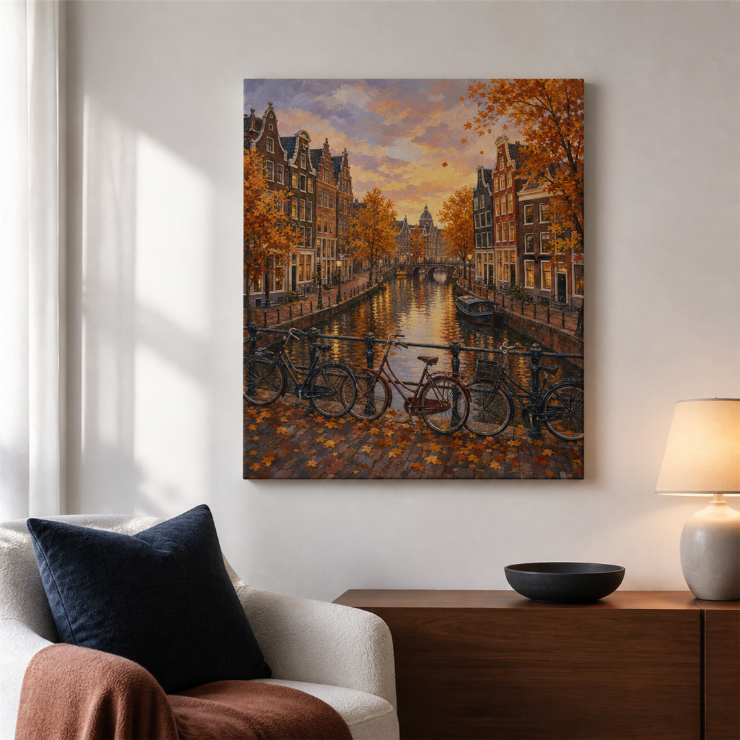 Ámsterdam en otoño — el cuadro terminado colgado en la pared