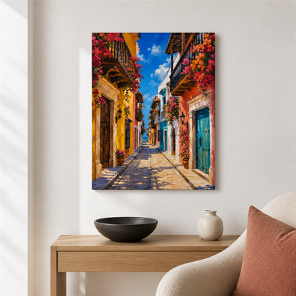 Cartagena colonial — el cuadro terminado colgado en la pared