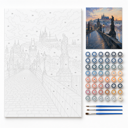 Praga desde el puente — kit con lienzo numerado, pinturas y pinceles