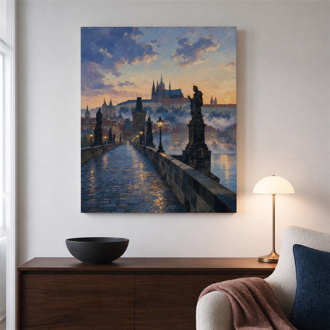 Praga desde el puente — el cuadro terminado colgado en la pared