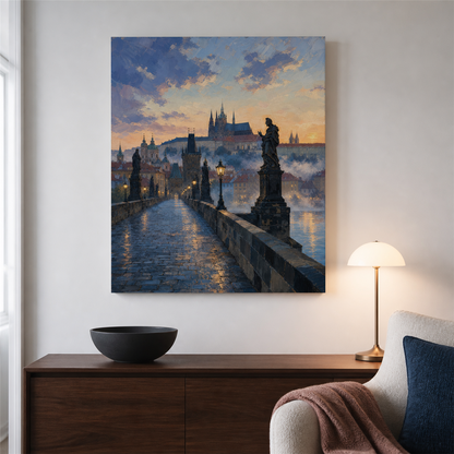 Praga desde el puente — el cuadro terminado colgado en la pared