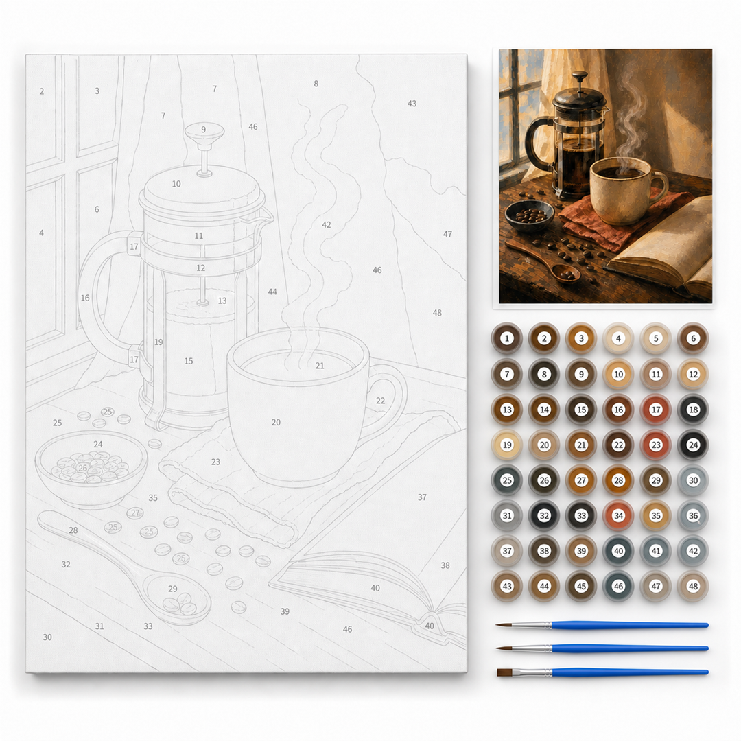 Ritual de café — kit con lienzo numerado, pinturas y pinceles
