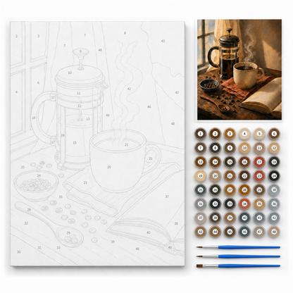 Ritual de café — kit con lienzo numerado, pinturas y pinceles
