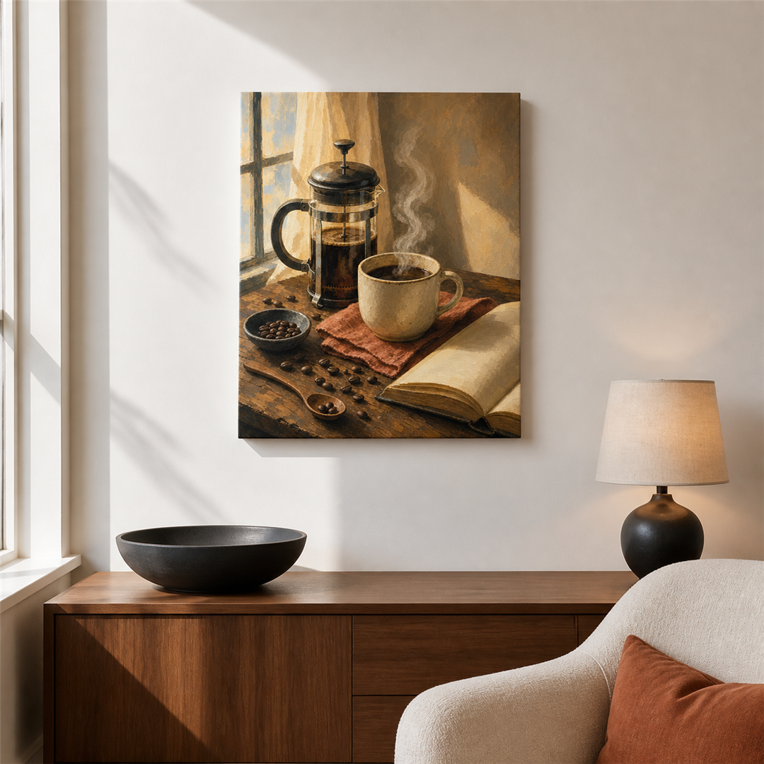 Ritual de café — el cuadro terminado colgado en la pared