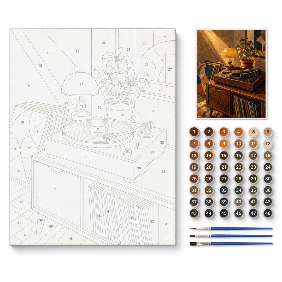 Vinilos y tardes largas — kit con lienzo numerado, pinturas y pinceles