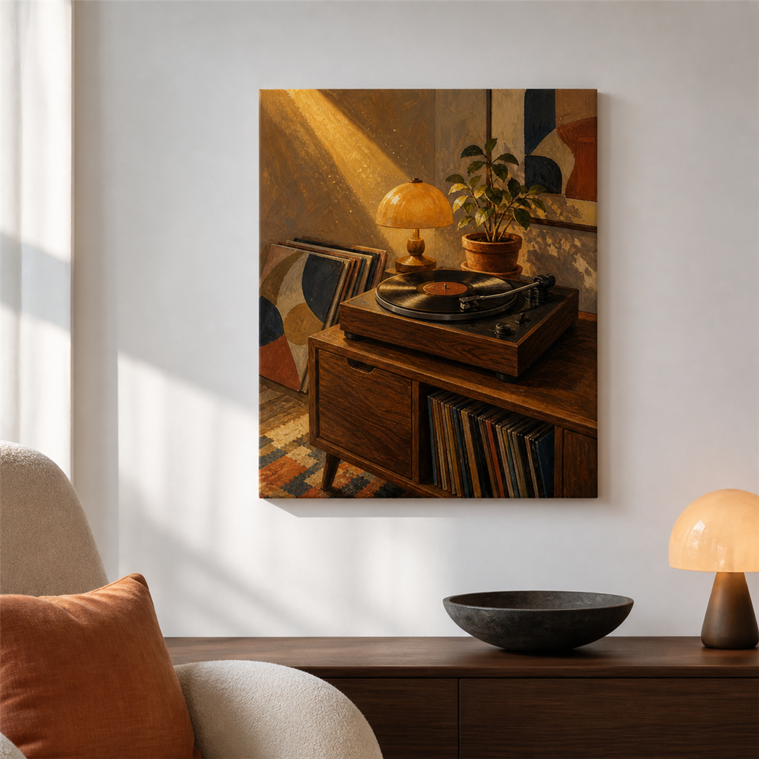 Vinilos y tardes largas — el cuadro terminado colgado en la pared