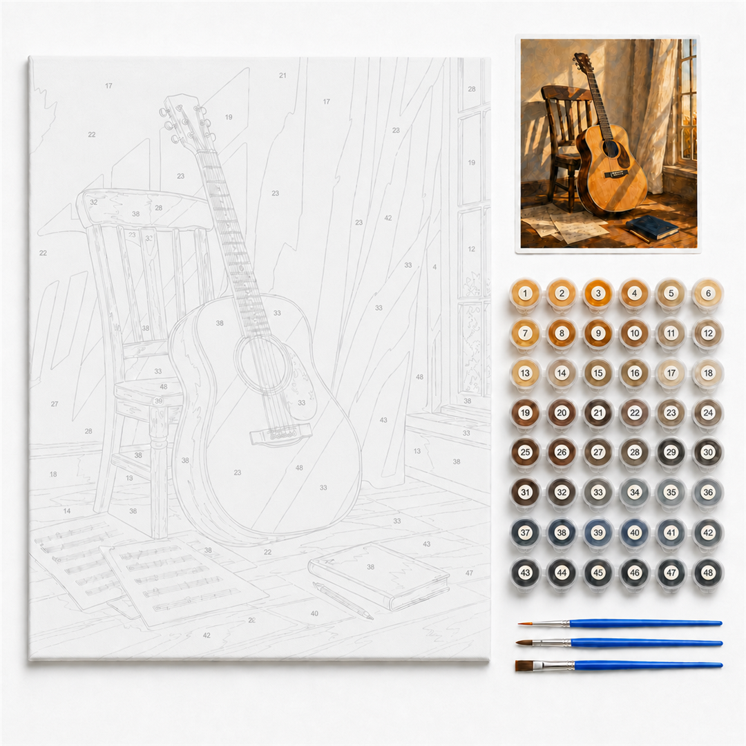 Seis cuerdas — kit con lienzo numerado, pinturas y pinceles