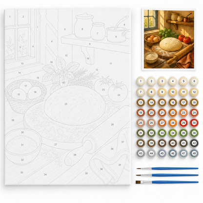 La cocina de domingo — kit con lienzo numerado, pinturas y pinceles