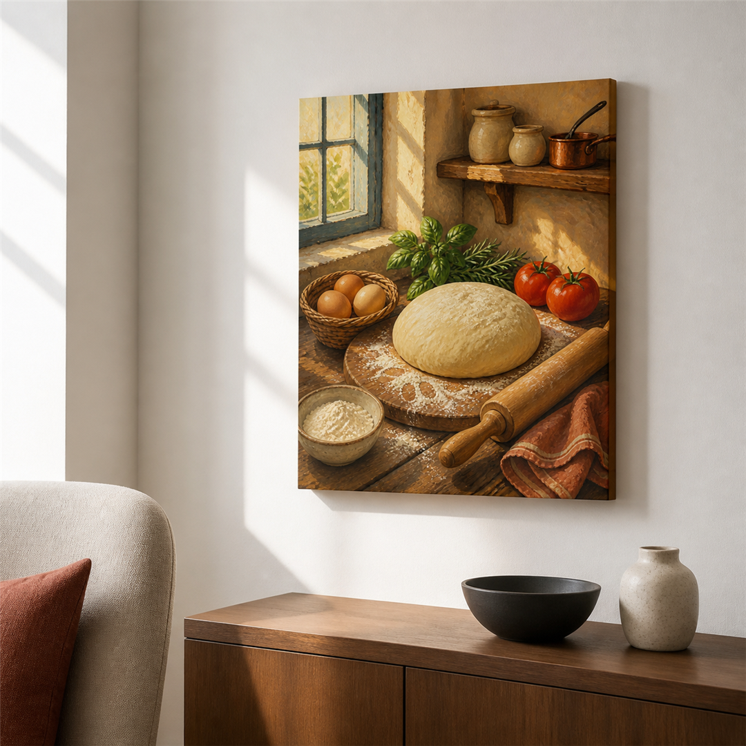 La cocina de domingo — el cuadro terminado colgado en la pared