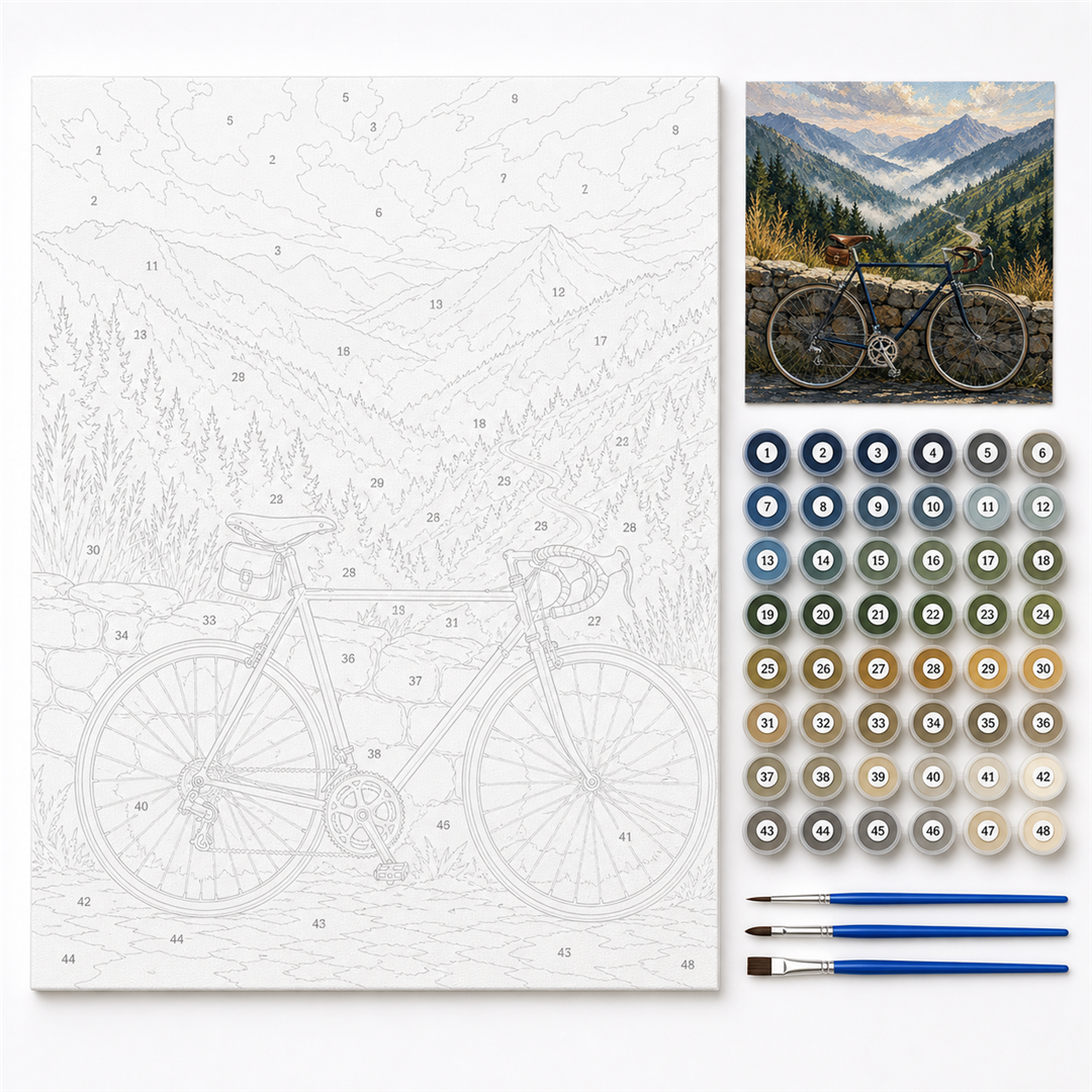 Ruta de montaña — kit con lienzo numerado, pinturas y pinceles