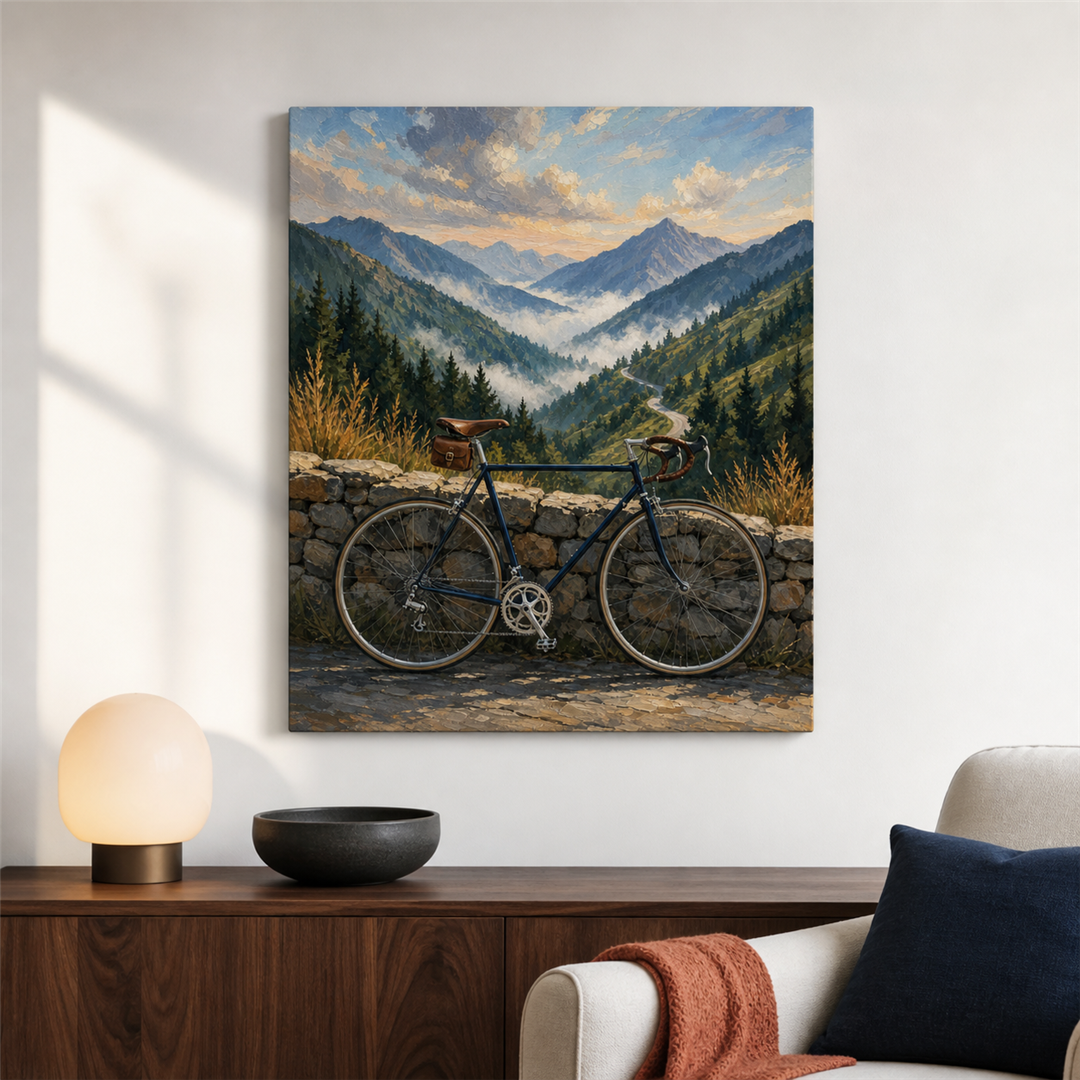 Ruta de montaña — el cuadro terminado colgado en la pared